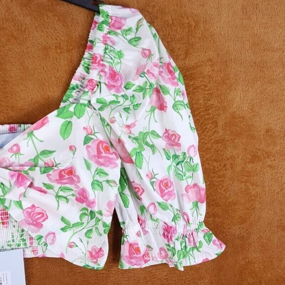 HILL HOUSE Womens Top Medium White Floral Crop Smocked THE ISABELLA Pink Roses - Picture 4 of 9